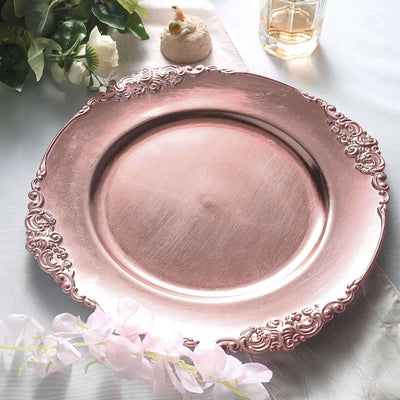 Rose gold decorative plate with intricate detailing.