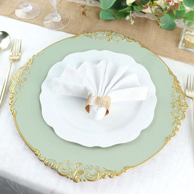Elegant table setting with white plate, gold napkin ring, and green charger.