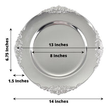 Acrylic charger plates - a silver round plate with embossed rim, measuring 13 inches and 8 inches