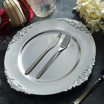 Elevate Your Table Decor with Silver Embossed Baroque Charger Plates
