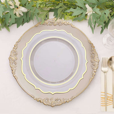 Elegant decorative charger plate with gold accents and clear center.