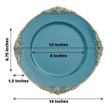 Acrylic charger plates in blue color with measurements of 13 inches and 8 inches