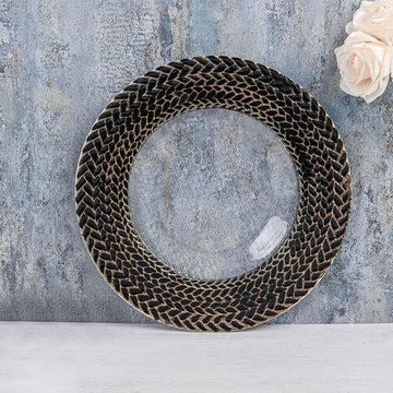 Add Elegance to Your Table with Luxurious Black/Gold Braided Rim Glass Charger Plates