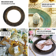 8 Pack Of 13 Inch Clear Round Glass Charger Plates With Black/Gold Braided Rim