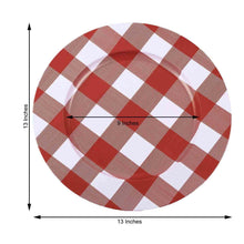 A metal red and white checkered charger plate that is 13 inches in diameter