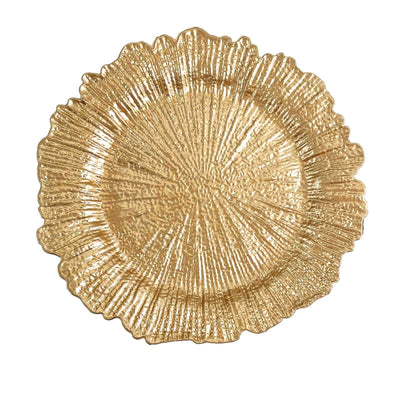 Gold textured serving plate with a unique sunburst design.