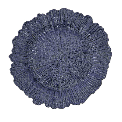 Navy decorative plate with textured floral design on white background