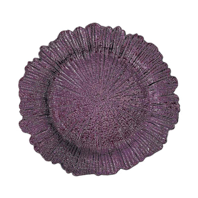 Purple decorative plate with textured floral design.