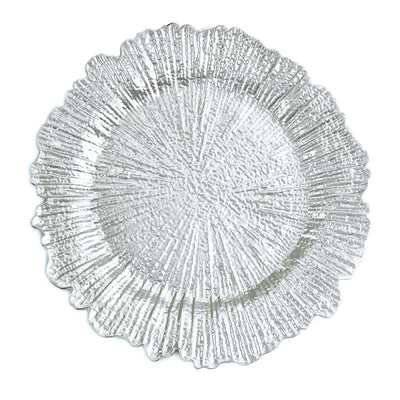 Textured glass serving platter with a ruffled edge design.