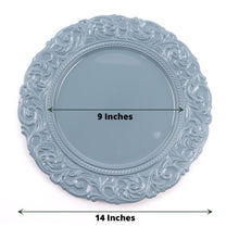 Dusty Blue Hard Plastic Round Charger Plate with Baroque Design Rim, 9 inches in diameter and 14 inches in length