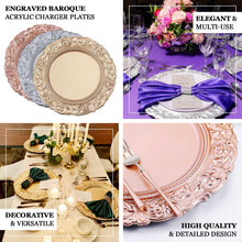 14 Inch Round Disposable Vintage Plastic Charger Plates with Engraved Baroque Rim in Metallic Gold Color 6 Pack