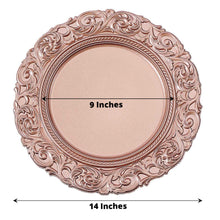 Metallic Rose Gold Hard Plastic Round Charger Plates with Baroque Design Rim, 9 inches in diameter and 14 inches in length
