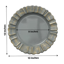 Acrylic charger plates - a charcoal gray and gold plastic charger plate with measurements of 13 inches and 9 inches