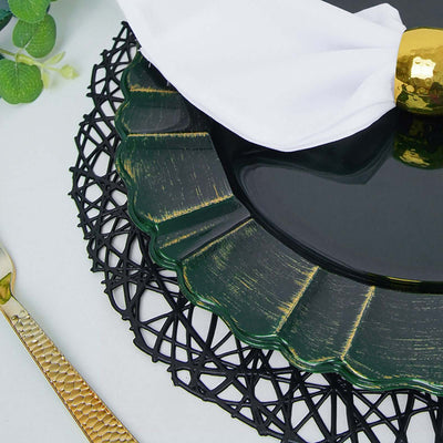 Elegant green plate with black lace charger and gold napkin ring