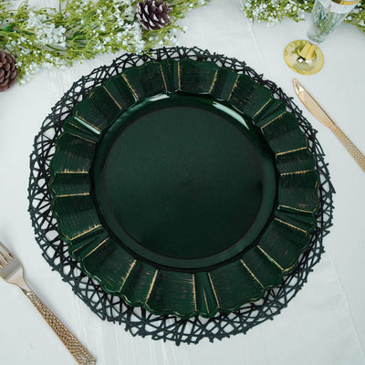 Green decorative plate with a textured rim on a black lace charger.
