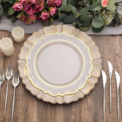 Elegant decorative plate with gold trim on a wooden table setting.