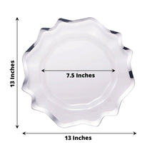 Acrylic charger plates - a plastic clear and silver scalloped edge plate with measurements of 13 inches and 7.5 inches