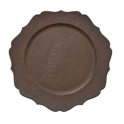 Brown decorative platter with a scalloped edge and wood grain texture.