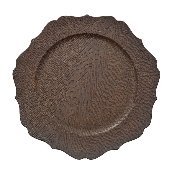 Brown wood grain charger plates for coastal blue and white table setting