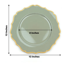Acrylic charger plates in dusty sage | gold rim color, with a round shape and scalloped edge, measuring 13 inches and 8 inches