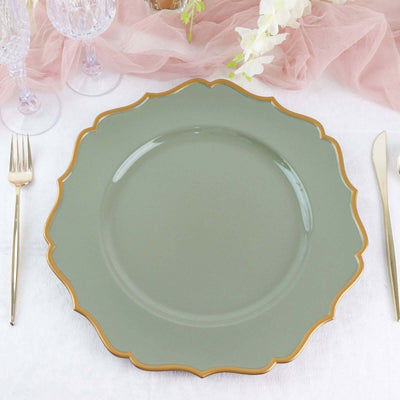 Elegant green plate with scalloped edge and gold trim on a soft table setting.