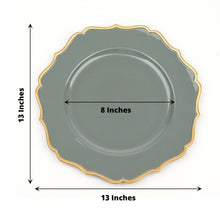 Acrylic charger plates in gray color with round shape and scalloped edge, measuring 13 inches and 8 inches