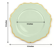 Acrylic charger plates in green color with a scalloped edge shape, measuring 13 inches in diameter and 8 inches in inner diameter