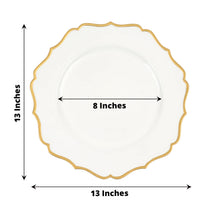 Acrylic charger plates: a white plate with a gold rim is 13 inches in diameter