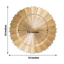 Acrylic charger plate in metallic gold color with sunray pattern and scalloped rim, measuring 13 inches in total diameter and 7.5 inches in inner diameter