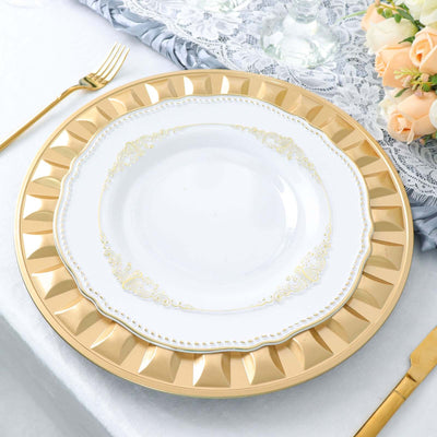 Elegant white plate with gold trim on ornate charger, styled for dining.