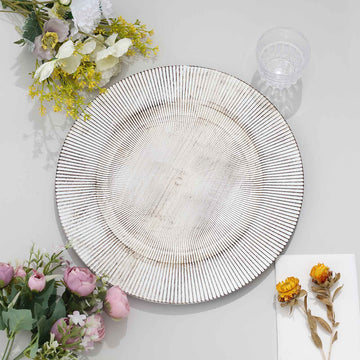 White Washed Sunray Rim Faux Wood Plastic Charger Trays