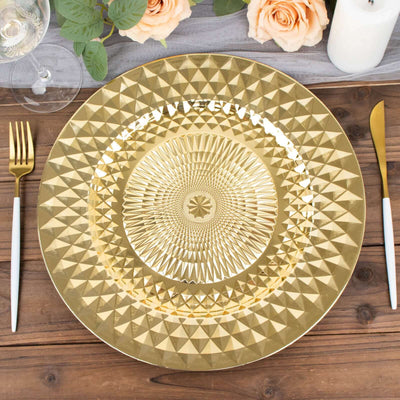 Gold decorative plate with geometric pattern on rustic wooden table.