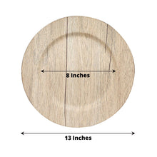 Acrylic charger plates, charger plates - Plastic natural round charger plates with faux wood finish and wide rims, measuring 8 inches and 13 inches