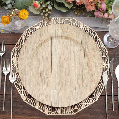 Elegant round wooden charger plate with intricate geometric design.