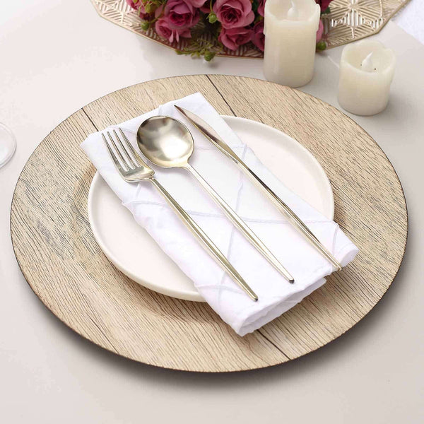 Natural faux wood charger plates for blue and white place settings
