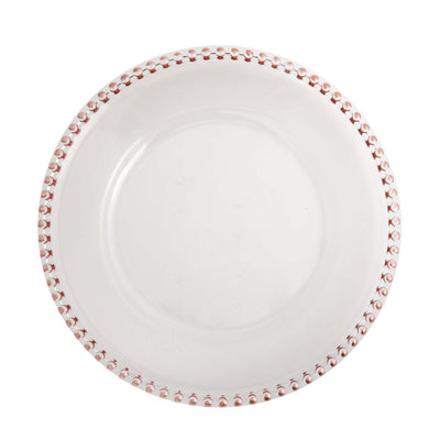 White plate with pink decorative rim on a plain background