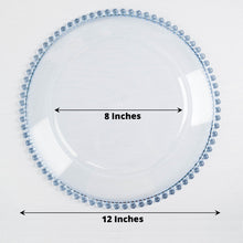 Acrylic charger plates with clear and blue beaded accent rim, measuring 8 inches and 12 inches