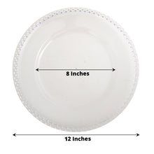 Acrylic charger plates: a white round plate with beaded accent rim, measuring 8 inches and 12 inches