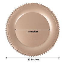 Acrylic charger plates in rose gold color, round shape with beaded accent rim, 8 inches in diameter and 12 inches in length