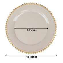 Acrylic charger plates - white round plate with gold beaded accent rim, measures 12 inches