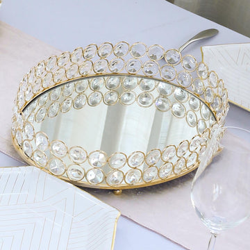 Elegant Gold Metal Crystal Beaded Mirror Oval Vanity Serving Tray