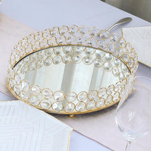 Crystal Beaded Mirror Oval Decorative Metal Vanity Serving Medium Tray in Gold 12 Inch x 8 Inch