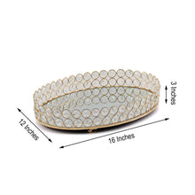 Gold Large Oval Crystal Beaded Mirror Metal Decorative Vanity Tray 16 Inch x 12 Inch 