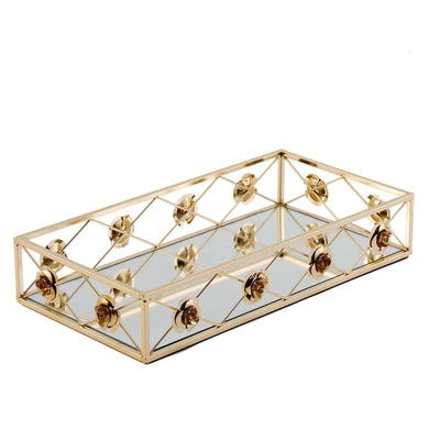 Gold decorative tray with mirrored base and floral accents