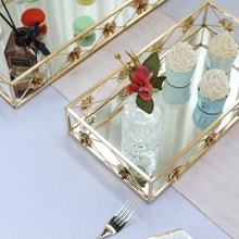Rose Bordered Decorative Gold Mirrored Rectangle Metal Vanity Serving Tray 19 Inch x 12 Inch 15 Inch x 8 Inch Set of 2
