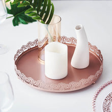 12inch Blush/Rose Gold Premium Metal Decorative Vanity Serving Tray, Round With Embellished Rims