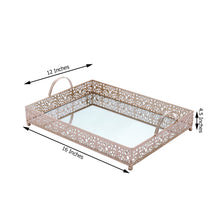 16 Inch x 12 Inch Decorative Rectangle Blush & Rose Gold Metal Fleur De Lis Mirror Vanity Serving Tray with Handles