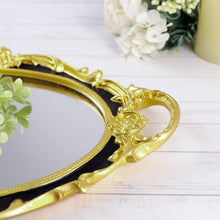 Metallic Black and Gold Resin Oval Decorative Vanity Serving Mirrored Tray with Handles 14 Inch x 10 Inch