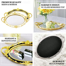 Decorative Metallic Black and Gold Resin Oval Vanity Serving Mirrored Tray with Handles 14 Inch x 10 Inch