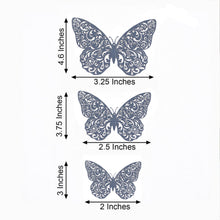 Navy blue paper butterflies wall decals with measurements of 4.6 inches, 3.25 inches, and 3.5 inches